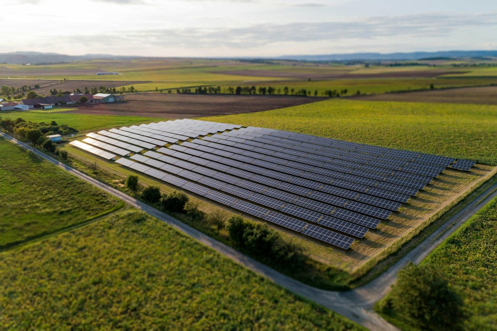 Solar panels installed on grassland